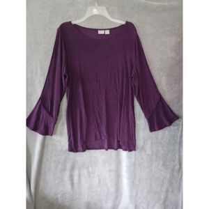 Chicos Travelers Purple Top Sz 2 Lg 3/4 Sleeves Boat Neck Liquid Knit Slinky